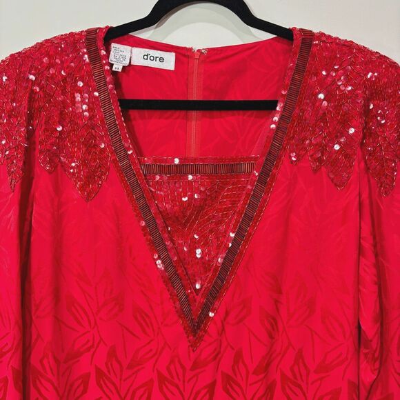 Vintage D'ore Silk Red Beaded Dress 14 Drop Waist Holidays Mature MoTB Cocktails - Picture 2 of 13